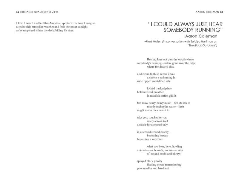 The continuation of the poem "Draft Night: Nautical Brothas Association.” The facing page is the poem "I Could Always Just Hear Somebody Running."
