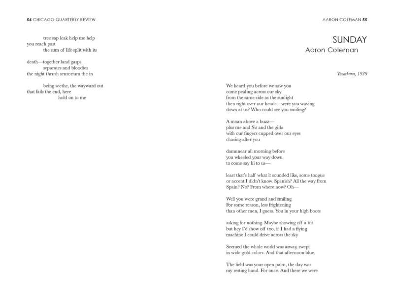 The continuation of the poem "I Could Always Just Hear Somebody Running." The facing page includes the poem "Sunday."  