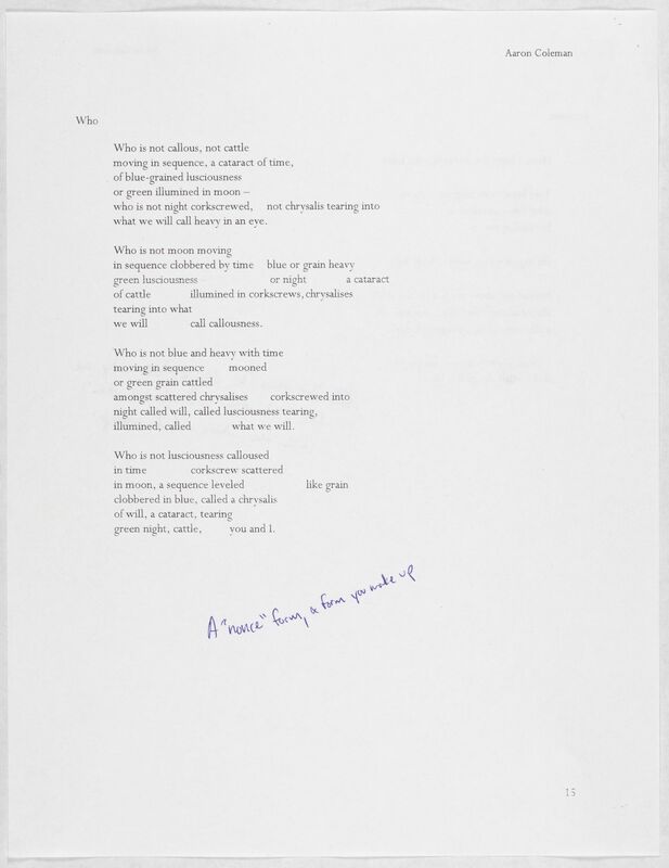  A typed draft of the poem "Who" with a handwritten note in blue ink, stating, "a nonce form is a form you make up." 