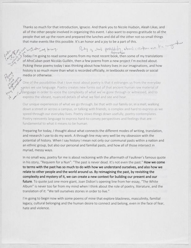 Typed speech notes with handwritten notes, such as how poetry reinvents language to express hard-to-convey perspectives. 
