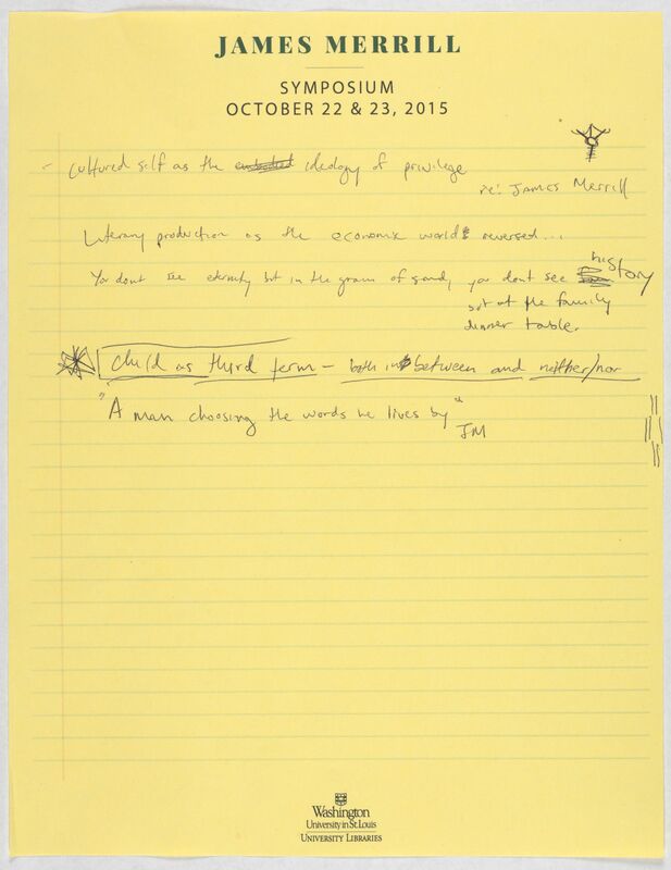 Yellow lined note paper with handwritten notes, including a quote by Merrill: "A man choosing the words he lives by."