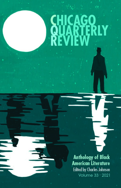 The covert art for the anthology features a drawing of a figure standing in shadow, the reflection cast against a lake. There's a moon. All in shades of green and black.   