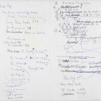  Handwritten notes in blue and black ink, including a list of poems to be read, including notes such as "Translations?"  

