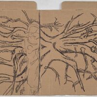 An ink drawing of a tree's roots in black ink on cardboard, including names of writers, musicians, and other influences.   