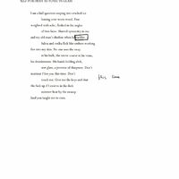 A typed draft of the poem "Self-Portrait as Tonic in Glass" with handwritten notes in black ink, including "this time."