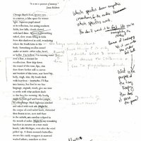  Typed draft of the poem "Self-Portrait, Mid-Western Man" with handwritten notes, such as, What is
the purpose of the time keeping?