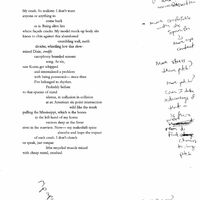 Typed draft of the poem "Collision Test Fool" with handwritten notes, including, "More stress than pitch?"  