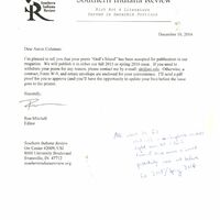 A typed letter accepting the poem titled "God's Island" for publication in the review, signed by the editor Ron Mitchell.  