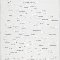 A typed draft of a poem titled "St. Trigger Lovestruck" with handwritten notes, including, "What are the movements?" 