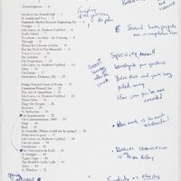 Typed table of contents includes a list of poem titles alongside handwritten notes, such as "How much is too much abstraction?"  