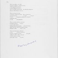  A typed draft of the poem "Who" with a handwritten note in blue ink, stating, "a nonce form is a form you make up." 